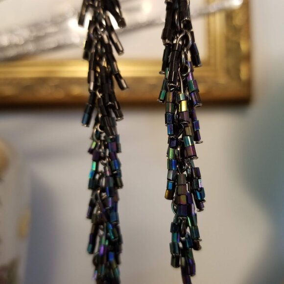 Seed Bead Fringe Dangle Earrings Blue Green Lilac Purple Black Iridescent Hook - Picture 1 of 7